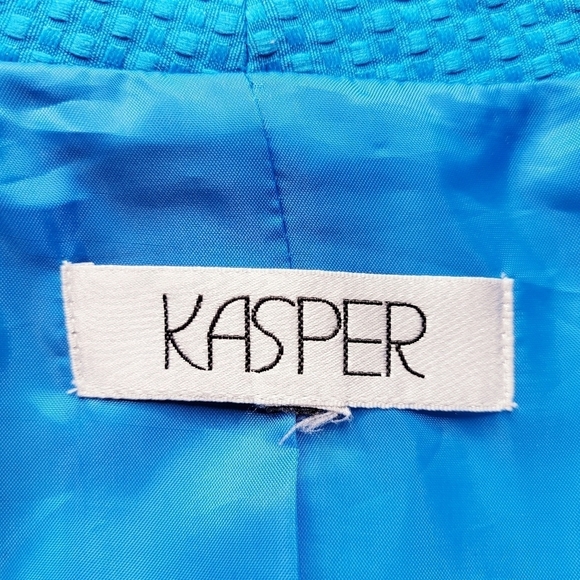 Kasper Blazer Size 20 Blue Open Front Zip Pockets Textured Slit Cuffs Mock Neck - Picture 5 of 11